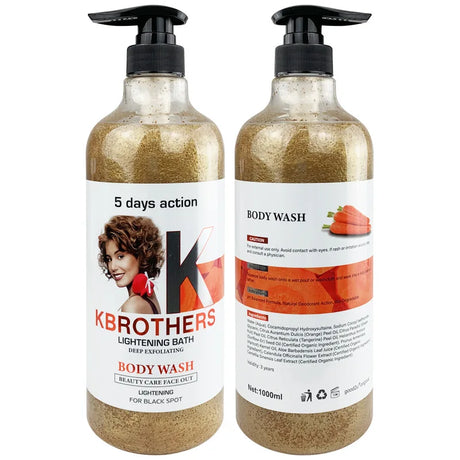 Two bottles of K Brothers body wash on a white background