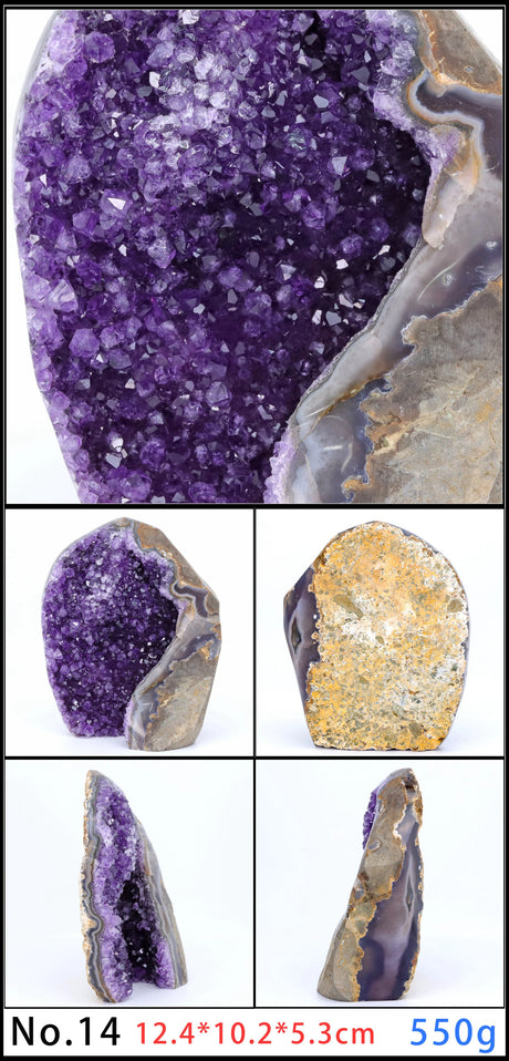 Amethyst geode with cross-section showing crystal structure on a white background