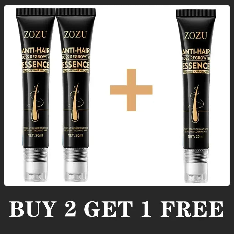 Three tubes of ZOZU Anti-Hair Loss Regrowth Essence with a 'Buy 2 Get 1 Free' offer.