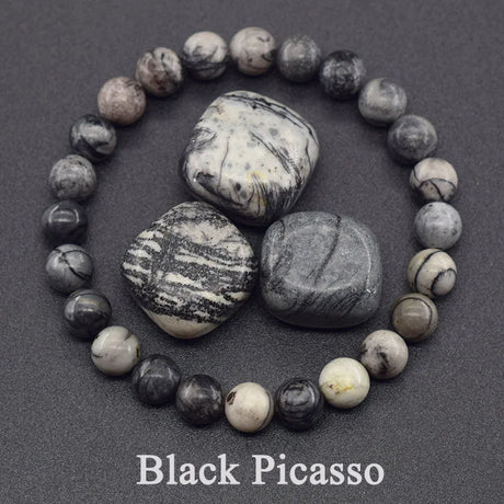Black Picasso beads arranged in a circle on a dark background with 'Black Picasso' text.