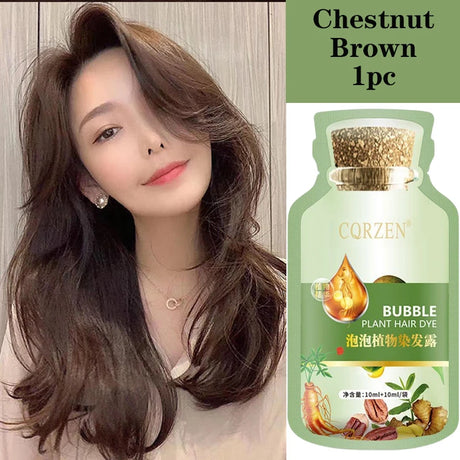 Woman with chestnut brown hair next to a bottle of CQRZEN Bubble Plant Hair Dye.