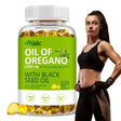 Supplement bottle labeled 'Oil of Oregano with Black Seed Oil' next to a woman in athletic wear.