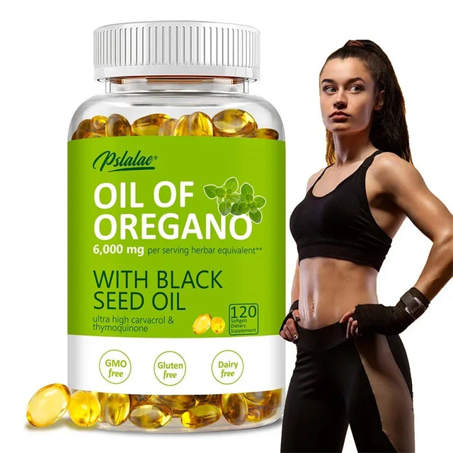 Supplement bottle labeled 'Oil of Oregano with Black Seed Oil' next to a woman in athletic wear.
