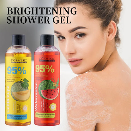 Two bottles of Kormesic shower gel with a woman showing her back with soap suds.