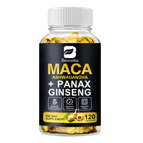 Supplement bottle labeled 'Maca Ashwagandha + Panax Ginseng' by Beworths on a white background