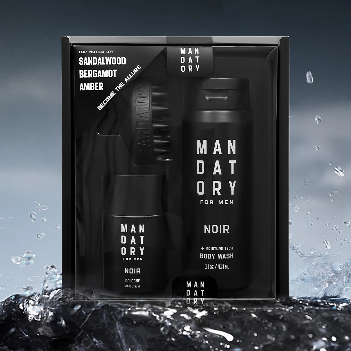 Mandatory Noir cologne and body wash set with water droplets on a dark background