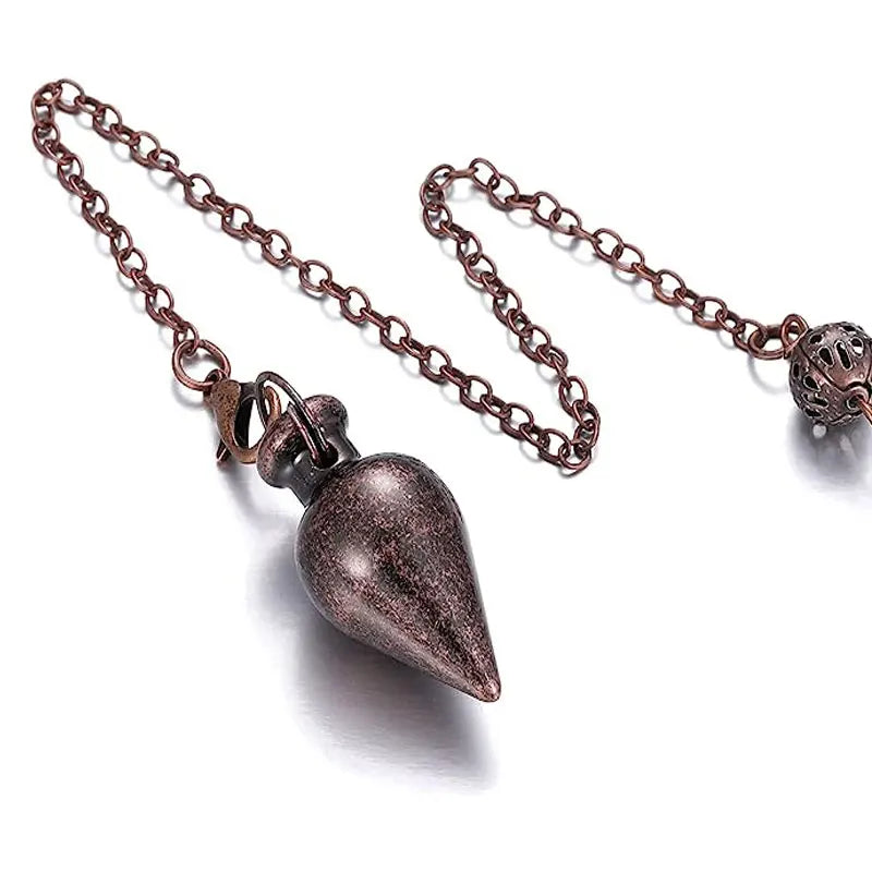Metallic pendant necklace on a white background