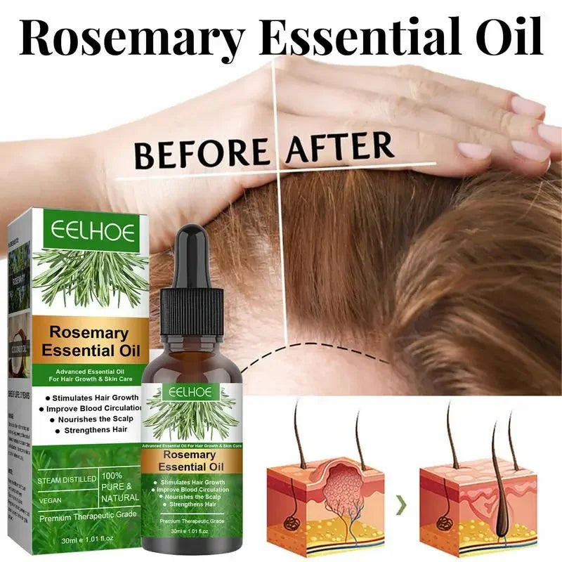 Rosemary essential oil bottle and packaging with 'before' and 'after' effects on hair.
