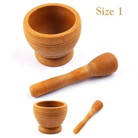 Wooden mortar and pestle set on a white background with 'Size 1' text.