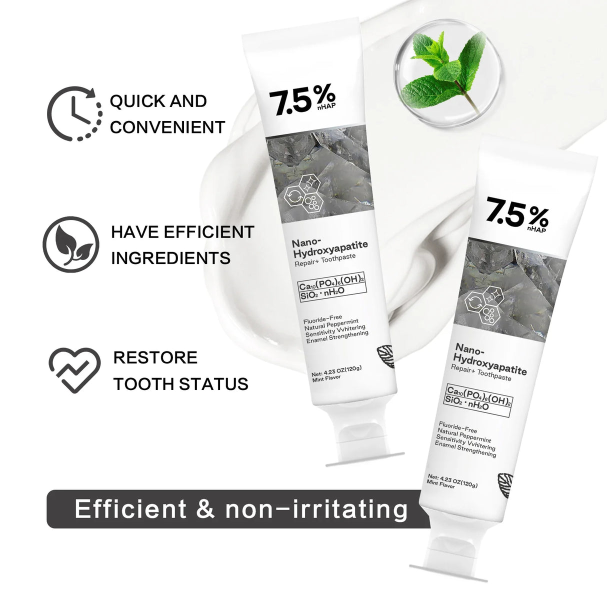 Two tubes of Nano Hydroxyapatite Toothpaste with text highlighting its benefits on a white background.