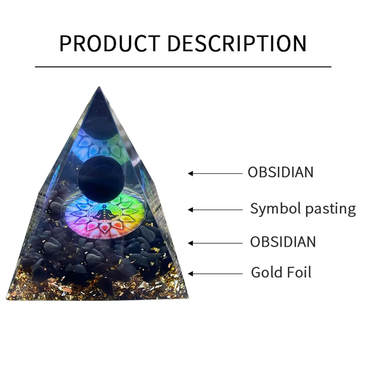 Triangular crystal with obsidian, gold foil, and symbol pasting on a white background