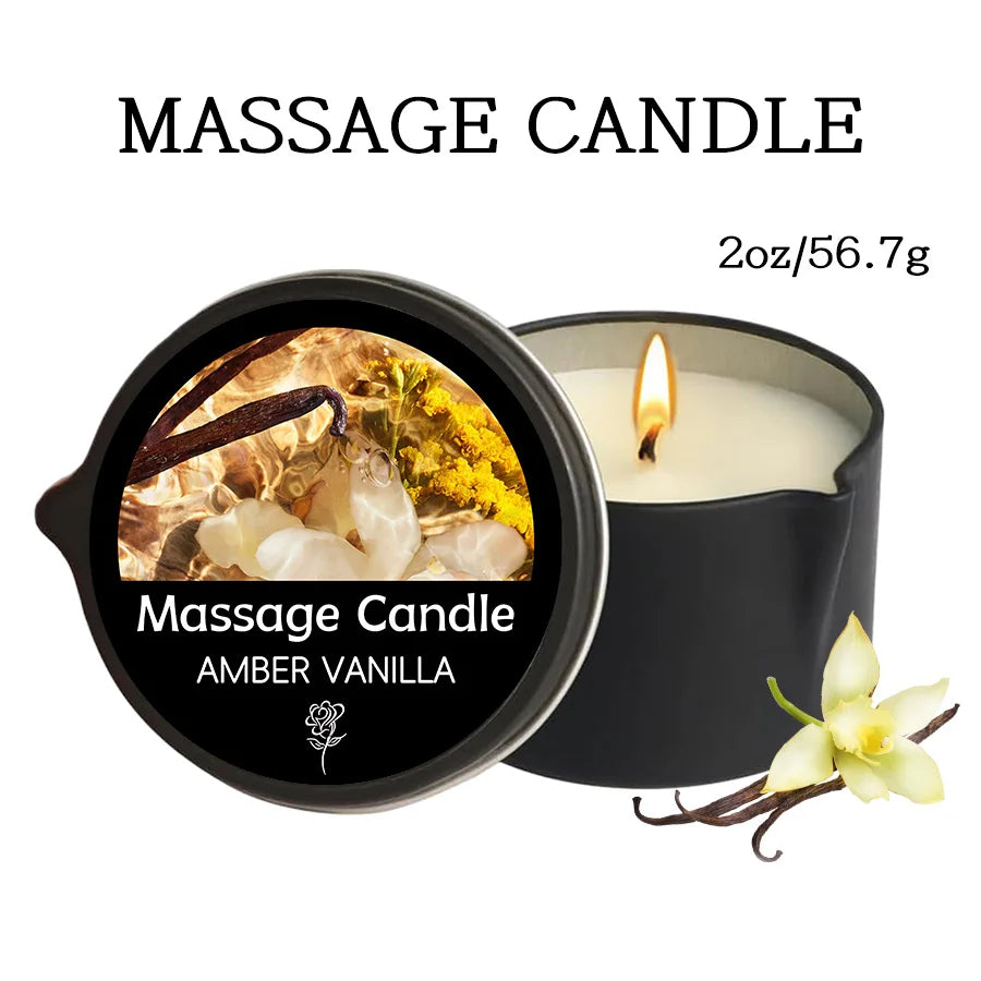 Amber Vanilla massage candle with packaging and vanilla flower on a white background