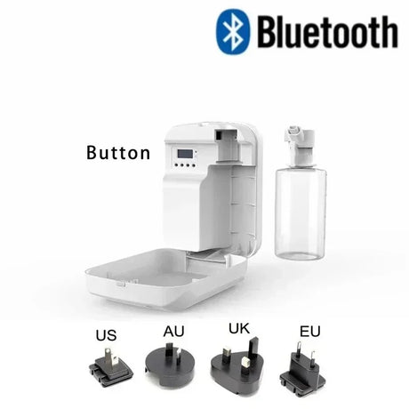 White electronic device with Bluetooth symbol, labeled 'Button', and various plug types below on a white background.