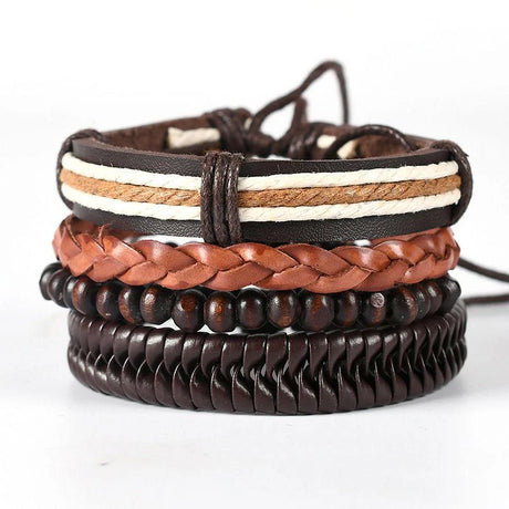 Stack of braided leather bracelets on a white background