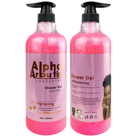 Two bottles of Alpha Arbutin Shower Gel on a white background