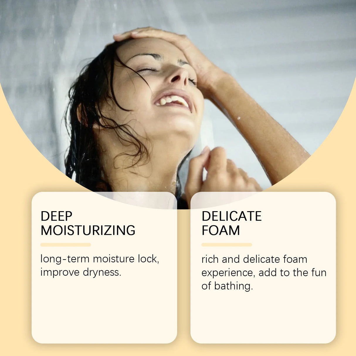 Woman under a shower with text about deep moisturizing and delicate foam.