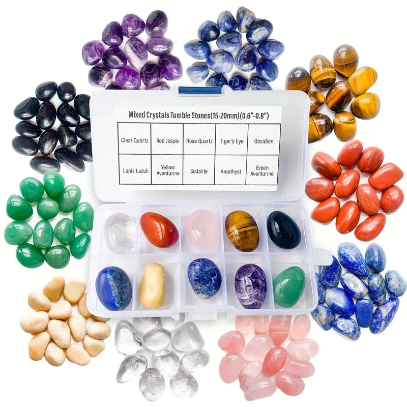 Assorted tumbled crystals in a clear container with labels on a white background