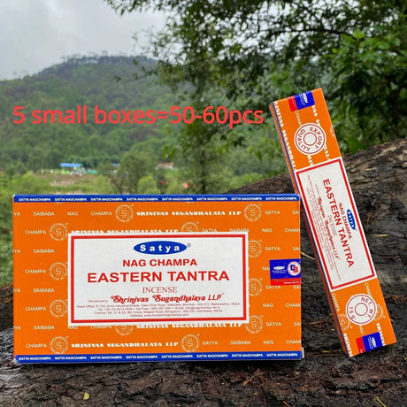 Satya Nag Champa Eastern Tantra incense packaging with mountainous background