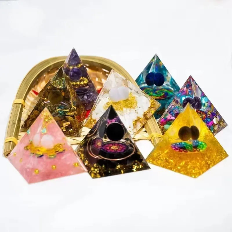 Collection of colorful pyramid-shaped objects on a white background