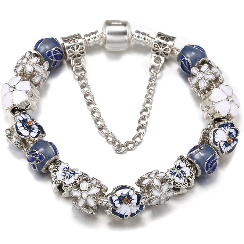 Bracelet with floral beads and silver chain on a white background, featuring the brand 'BAOPON'.
