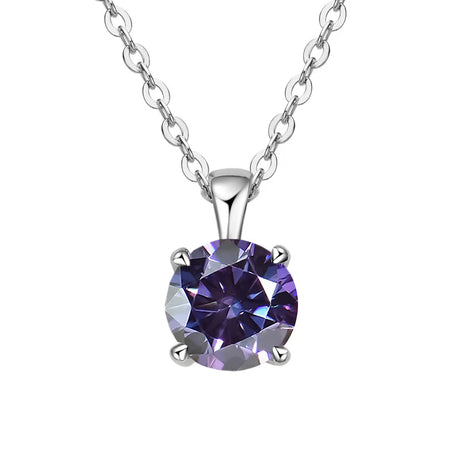 Purple gemstone necklace on a white background