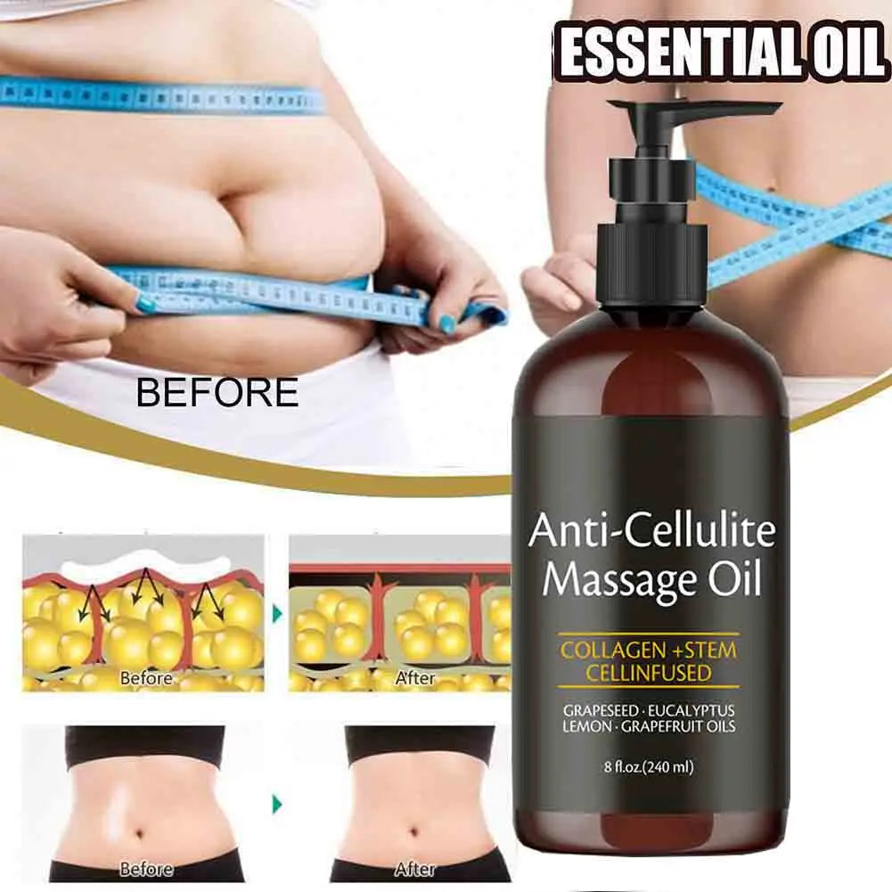 Anti-cellulite massage oil bottle with before and after images on a white background