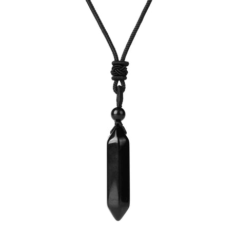 Black pendant necklace on a white background