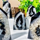 Geode-like sculptures with black and white patterns on a white surface, with greenery in the background.