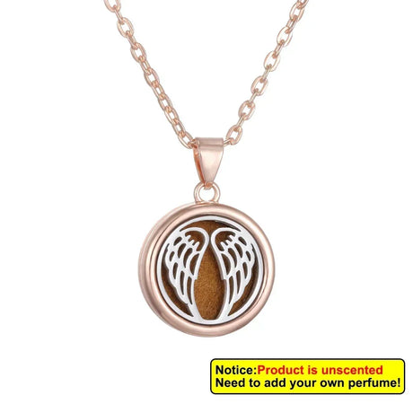 Rose gold necklace with a pendant featuring wings on a white background