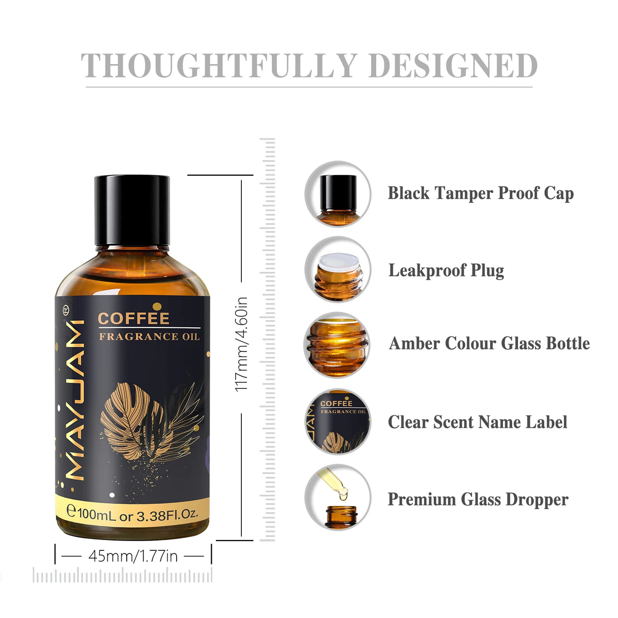MayJam Coffee Fragrance Oil bottle with features listed on a white background