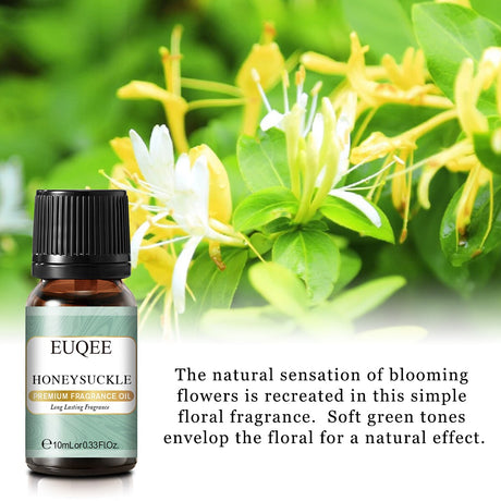 EUQEE honeysuckle fragrance oil bottle with flowering plant in the background