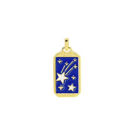 Gold pendant with star design on a blue background