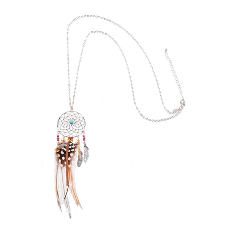 Dreamcatcher necklace with feathers on a white background