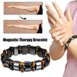 Magnetic therapy bracelet with before and after arm images and a close-up of a hand wearing the bracelet.