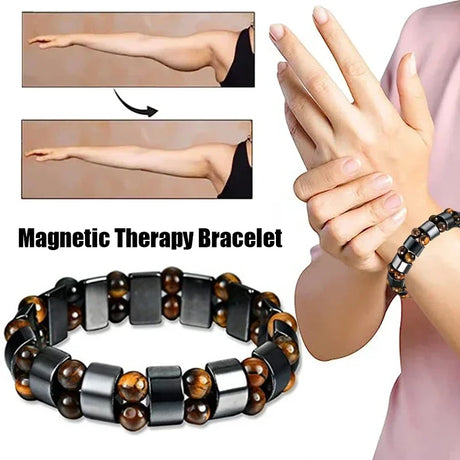 Magnetic therapy bracelet with before and after arm images and a close-up of a hand wearing the bracelet.