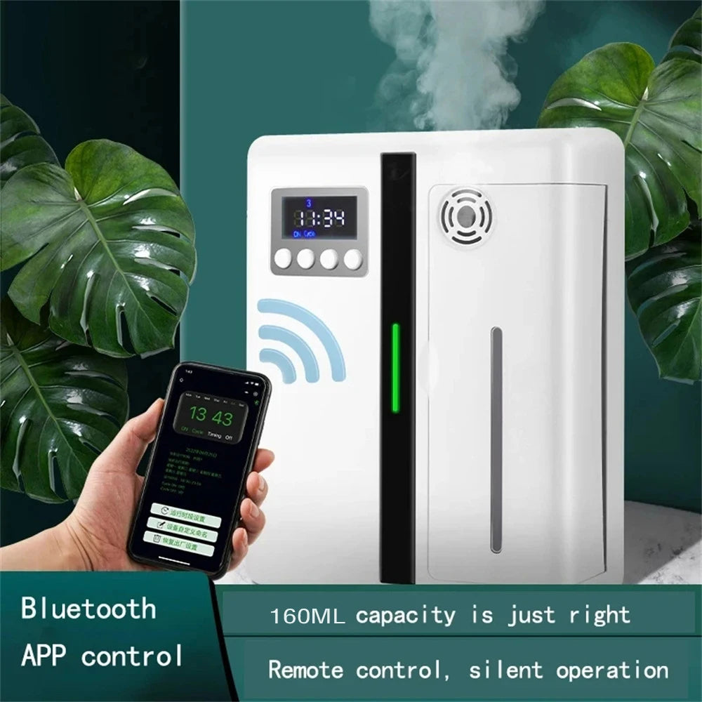 Air purifier with smartphone app control and Bluetooth connectivity, surrounded by green leaves.