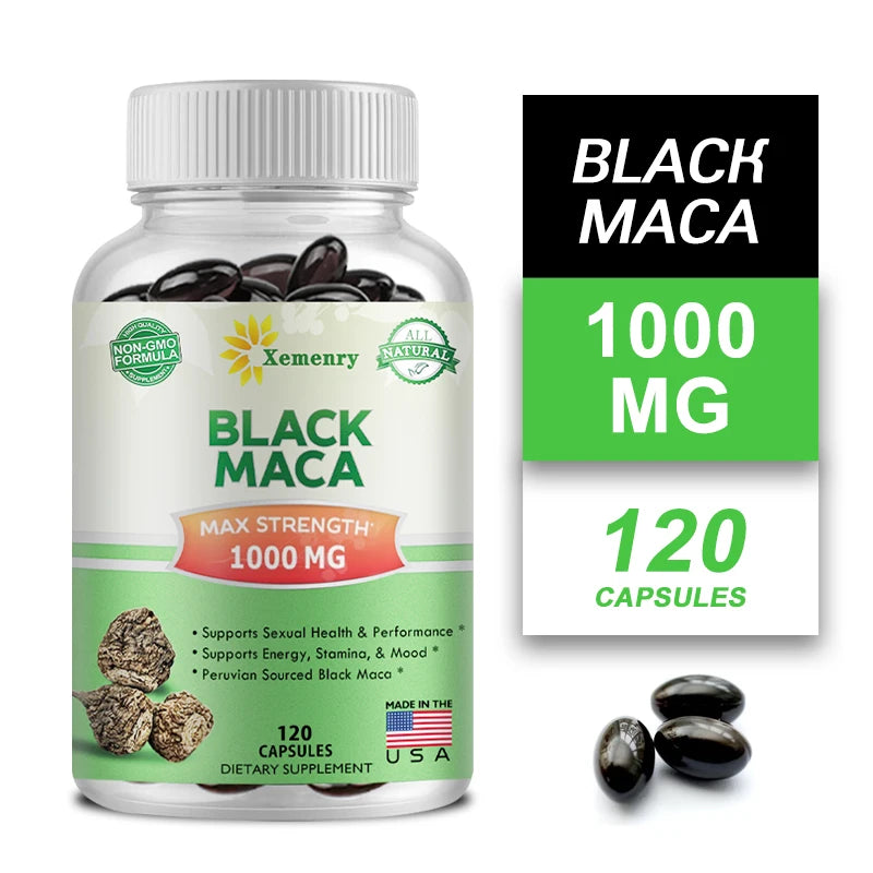 Bottle of Xemenry Black Maca supplement with capsules and label on a white background