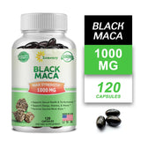 Bottle of Xemenry Black Maca supplement with capsules and label on a white background