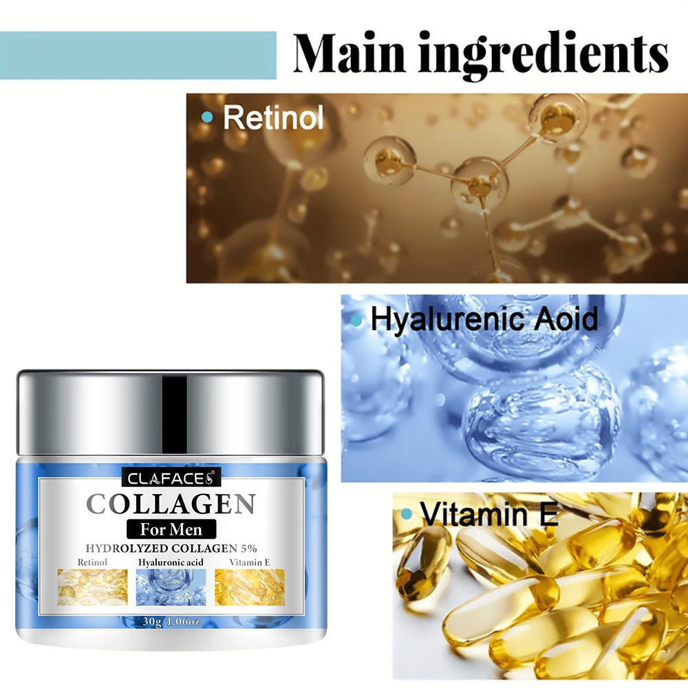 Collagen cream for men with retinol, hyaluronic acid, and vitamin E displayed.