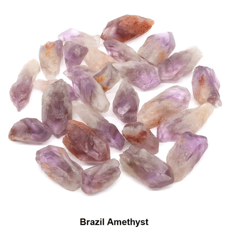 Raw amethyst crystals on a white background with 'Brazil Amethyst' label.