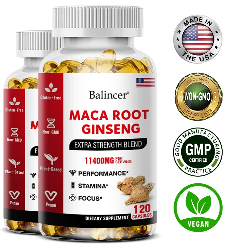 Supplement bottle labeled 'Maca Root Ginseng' with Balincer branding, featuring certification logos on a white background.