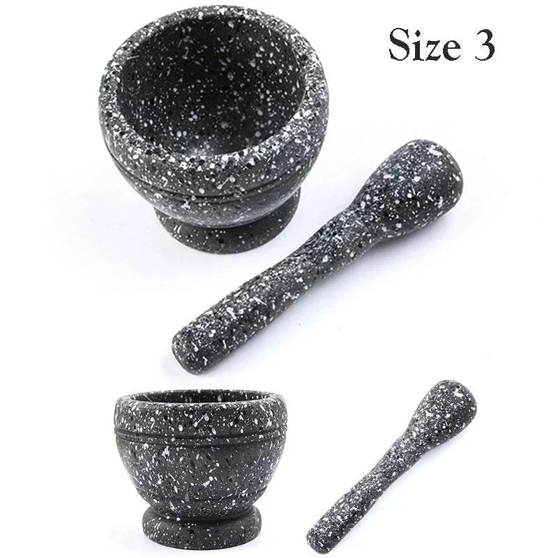 Set of two black speckled stone mortars and pestles on a white background, labeled 'Size 3'.