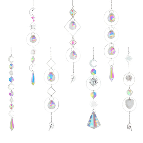 Set of colorful crystal hanging decorations on a white background