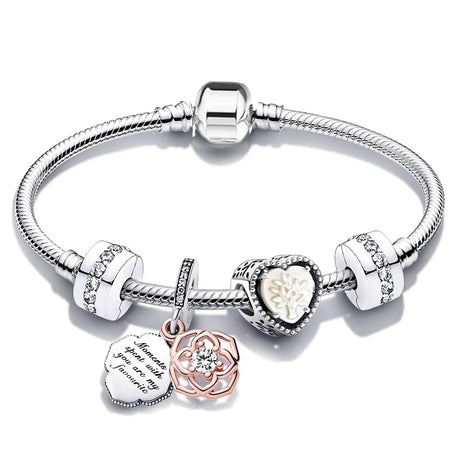 Silver bracelet with heart-shaped charms on a white background