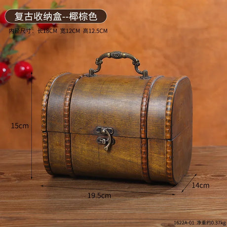 Wooden treasure chest with measurements on a wooden surface