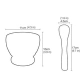 Measurement chart of a cup and spoon with dimensions labeled.