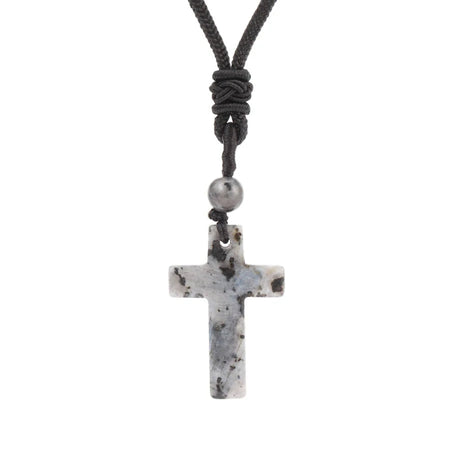 Necklace with a cross pendant and gray cord on a white background