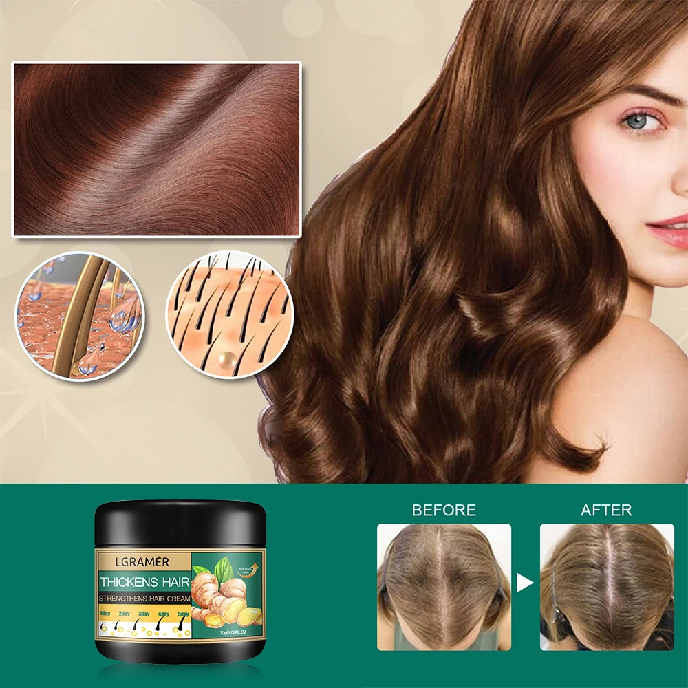 Hair care product advertisement with a woman, hair before and after, and product packaging.