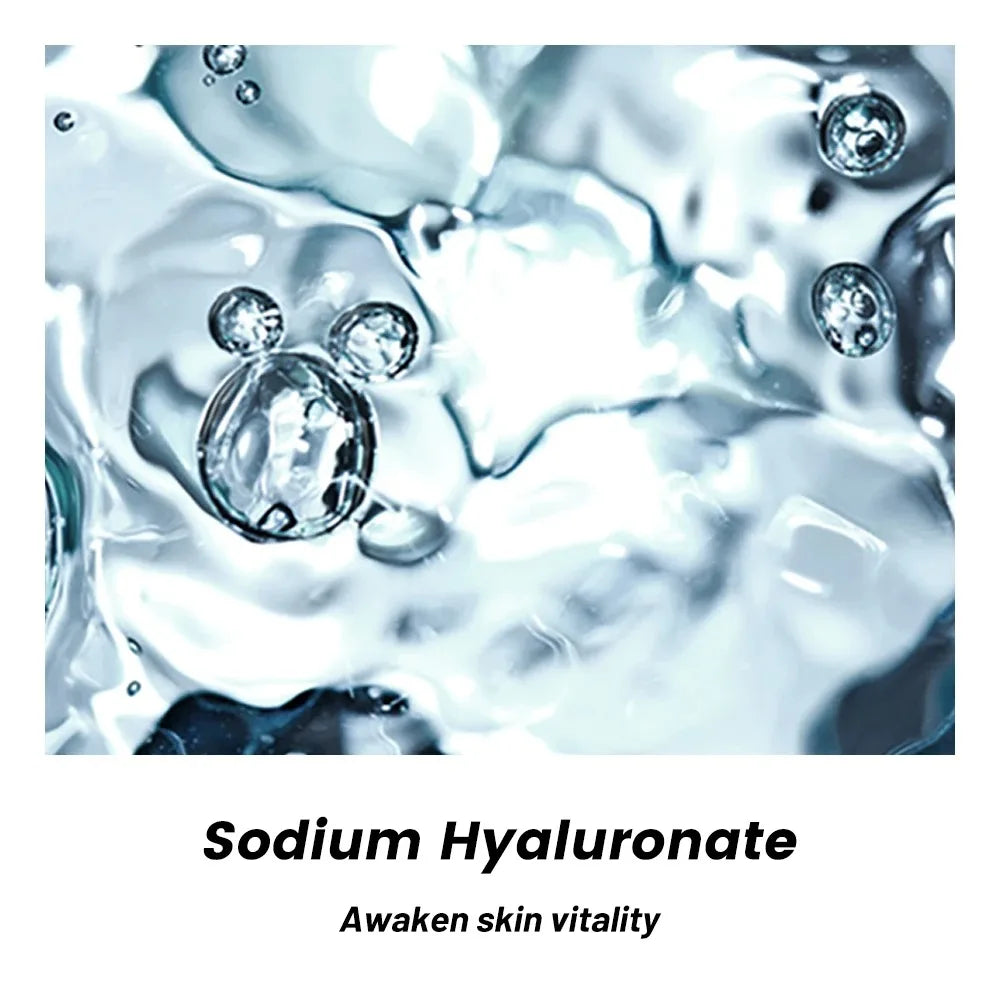 Close-up of water droplets with text 'Sodium Hyaluronate' and 'Awaken skin vitality' on a white background.