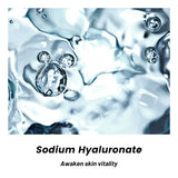 Close-up of water droplets with text 'Sodium Hyaluronate' and 'Awaken skin vitality' on a white background.